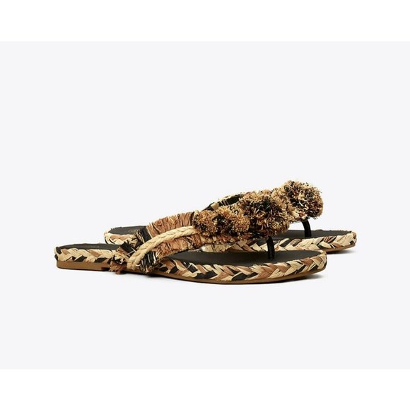 Tory Burch Shoes - Tory Burch Raffia Flat Sandal Black/Aged Camello/Natural) Size 5 MSRP $228